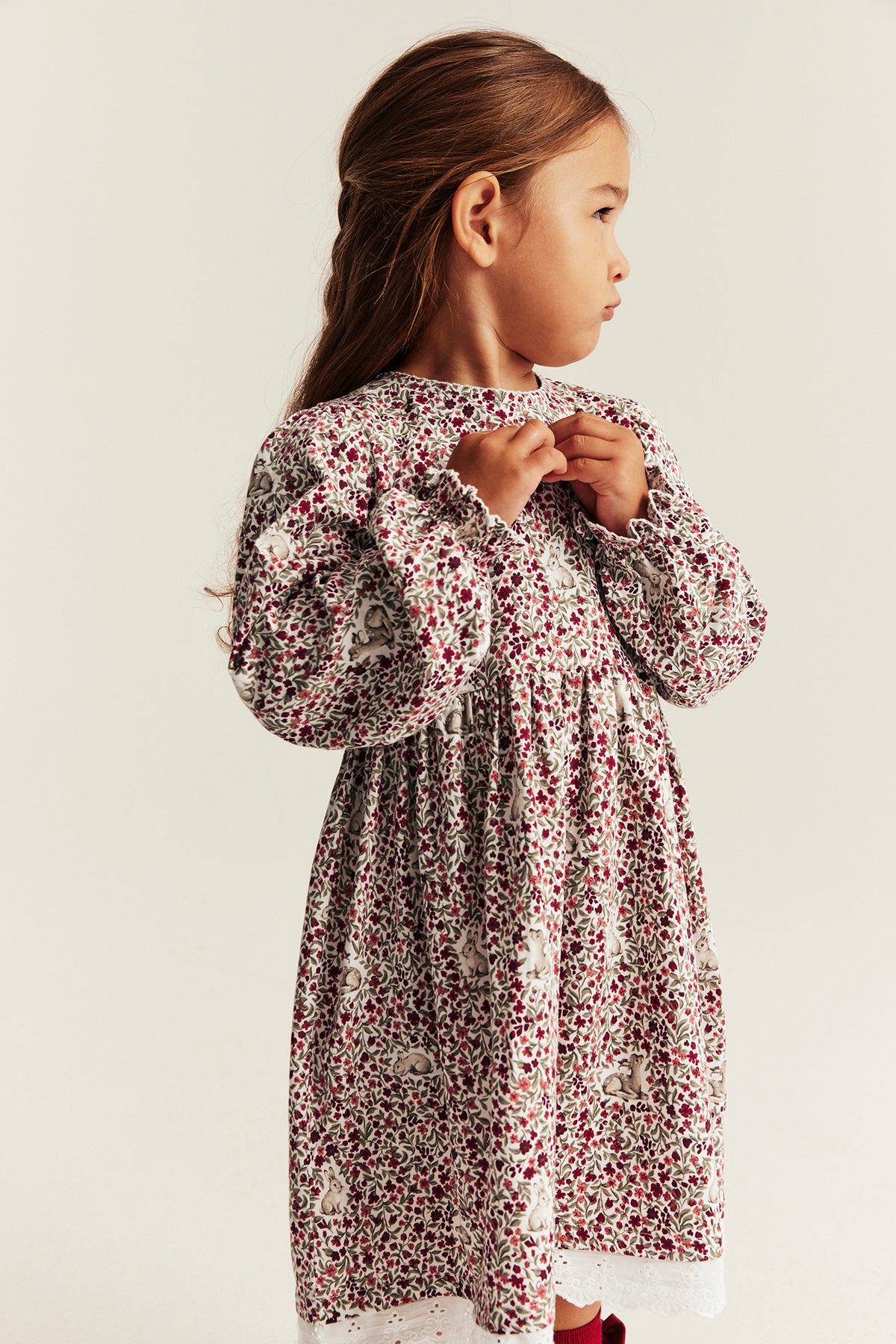 Kids red & white floral Christmas dress with lace