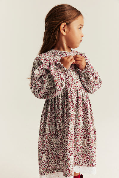 Kids red & white floral Christmas dress with lace