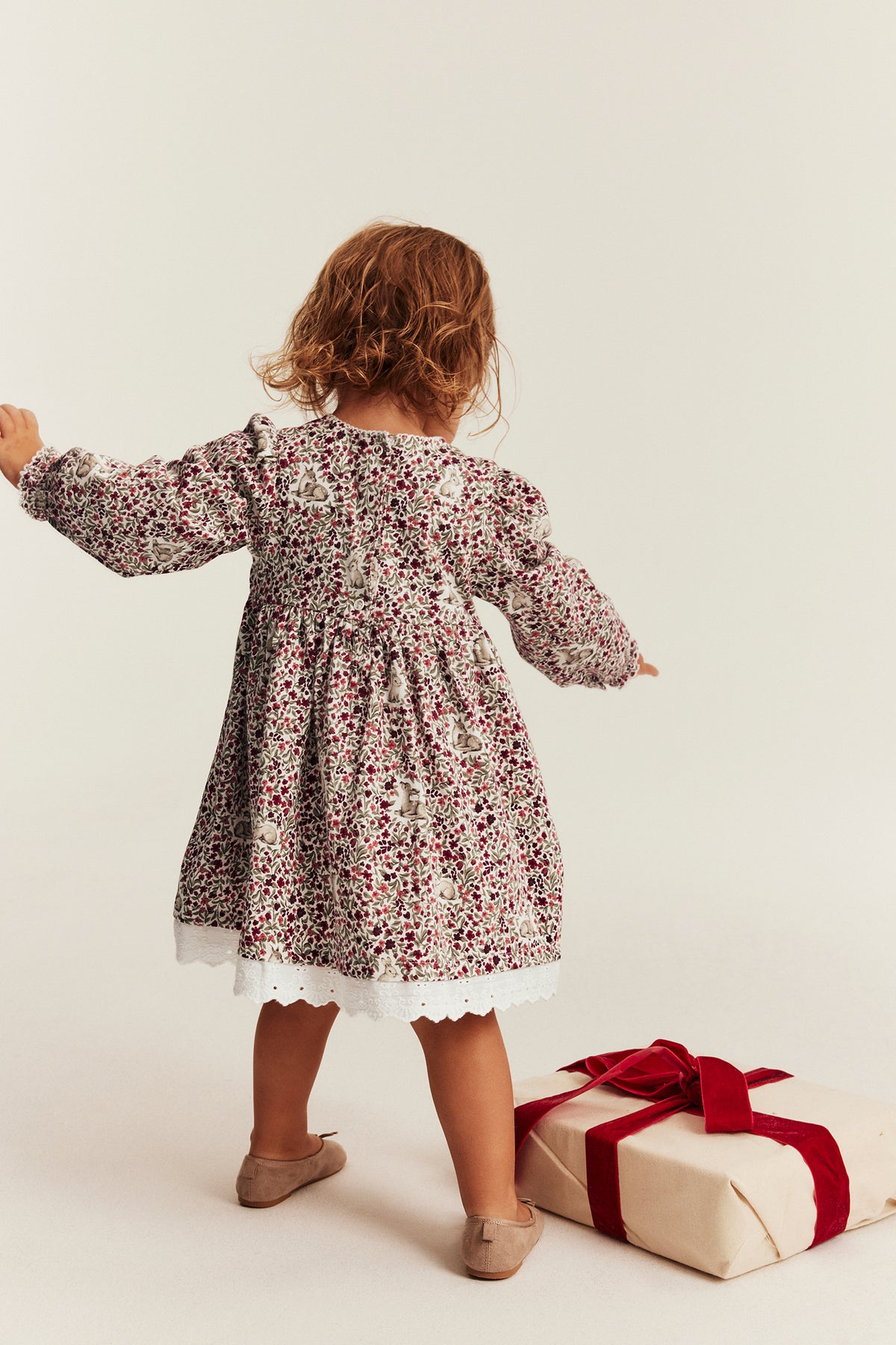 Baby red & white floral Christmas dress with lace