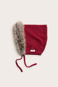 Kids red knitted hat with fake fur