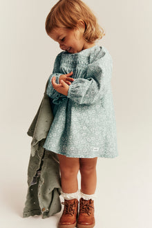 Baby turquoise floral dress with puff sleeves