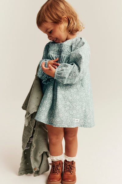Baby turquoise floral dress with puff sleeves