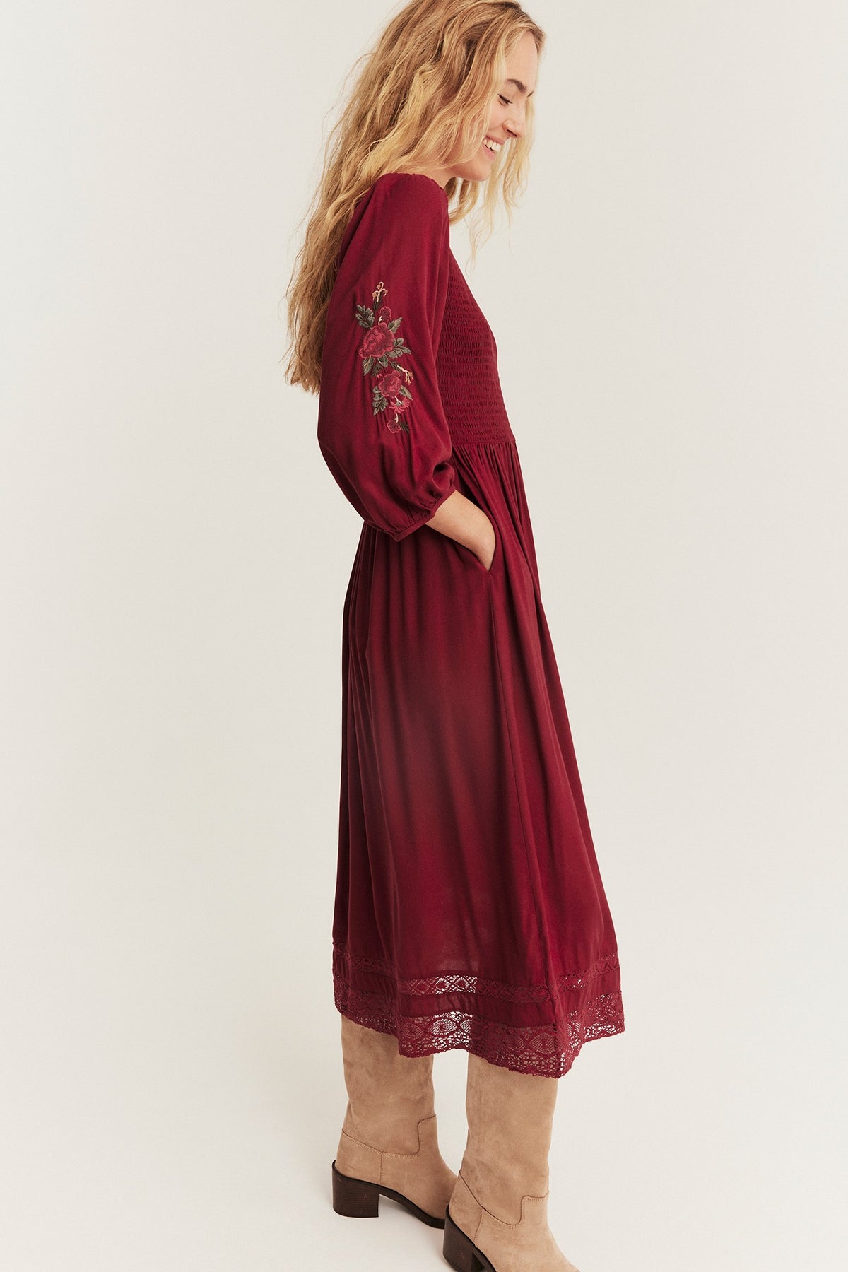 Women's red embroidered Christmas dress