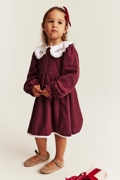 Kids red Christmas dress with lace collar