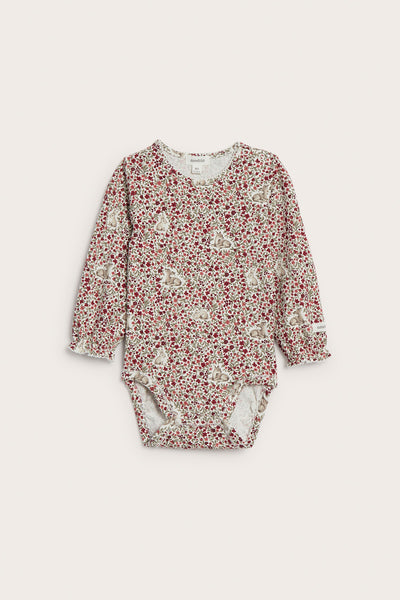 Baby red & white floral bodysuit with deer