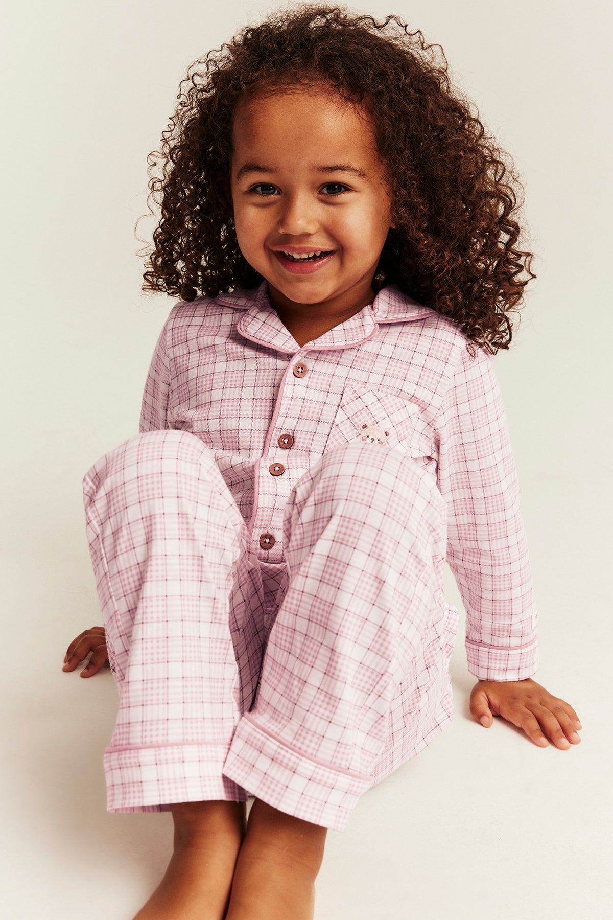 Kids pink & white checked pyjamas with embroidery