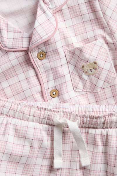 Kids pink & white checked pyjamas with embroidery