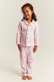 Kids pink & white checked pyjamas with embroidery