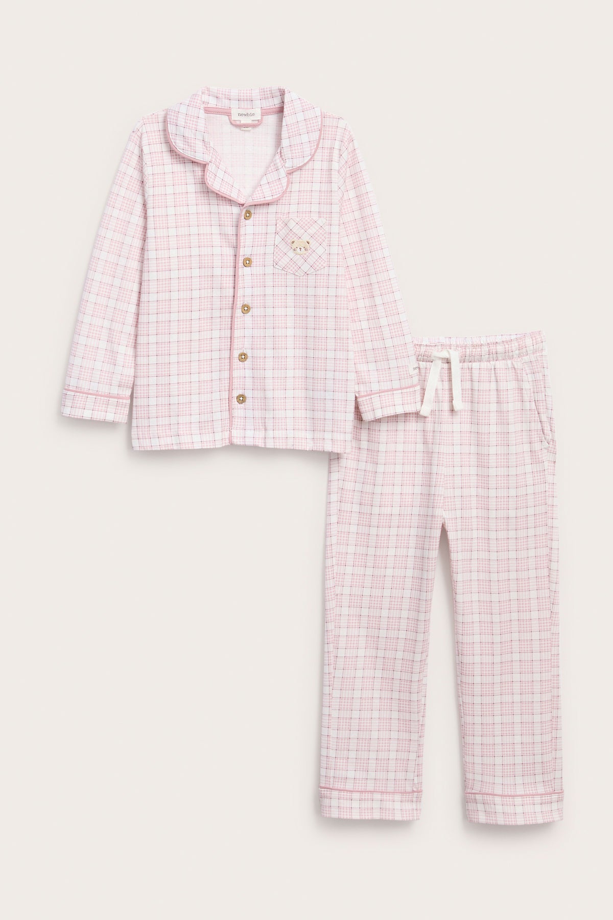 Kids pink & white checked pyjamas with embroidery
