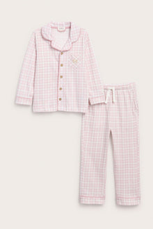 Kids pink & white checked pyjamas with embroidery