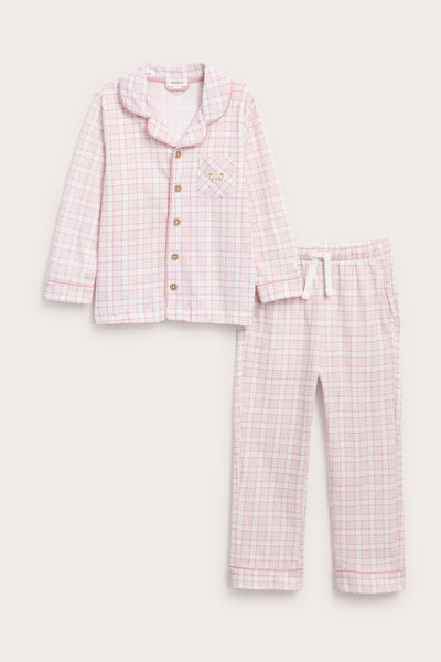 Kids pink & white checked pyjamas with embroidery