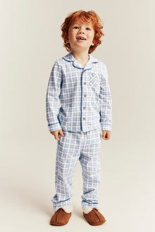Kids blue & white checked pyjamas with teddy bear embroidery