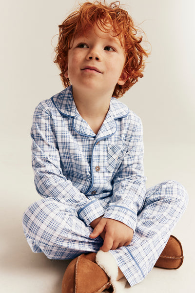 Kids blue & white checked pyjamas with teddy bear embroidery