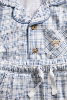 Kids blue & white checked pyjamas with teddy bear embroidery