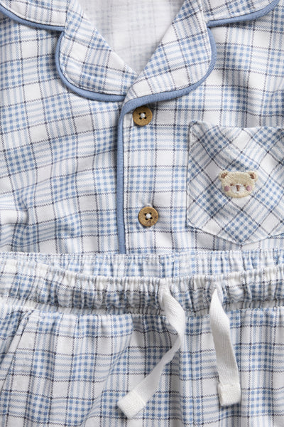 Kids blue & white checked pyjamas with teddy bear embroidery