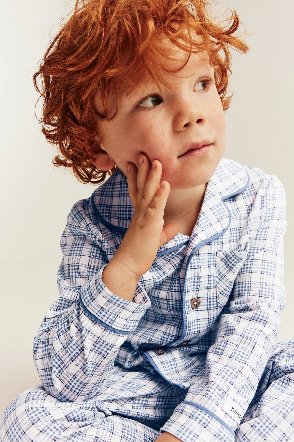 Kids blue & white checked pyjamas with teddy bear embroidery