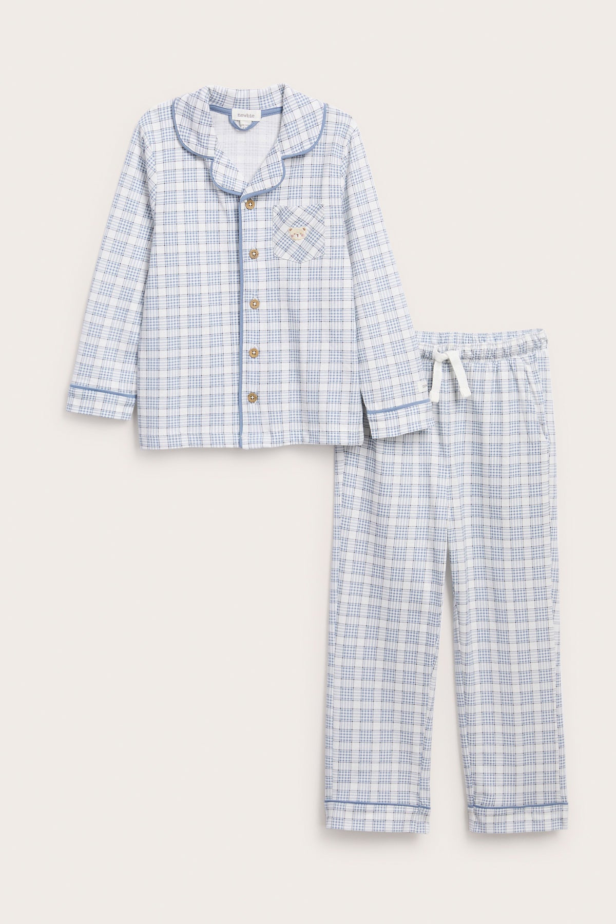 Kids blue & white checked pyjamas with teddy bear embroidery