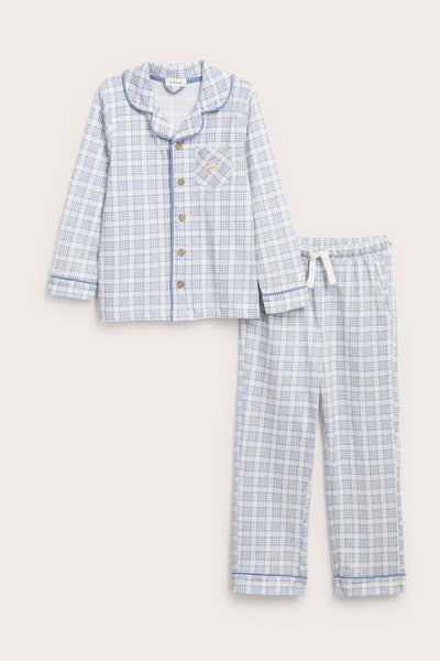 Kids blue & white checked pyjamas with teddy bear embroidery
