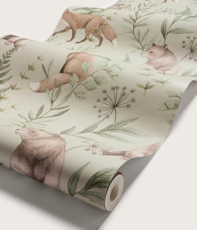 Wild Forest beige fox & bear wallpaper