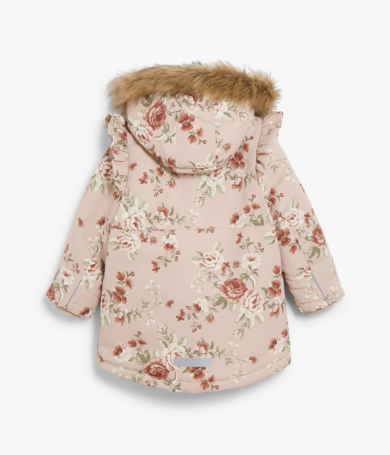Kids pink floral print hooded faux fur jacket
