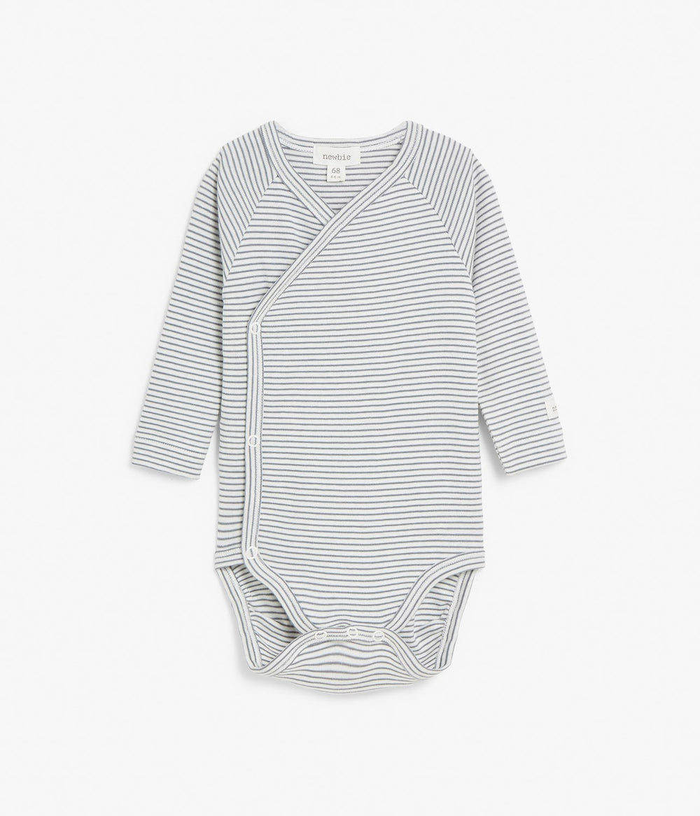 Baby wrap bodysuit with thin blue stripes