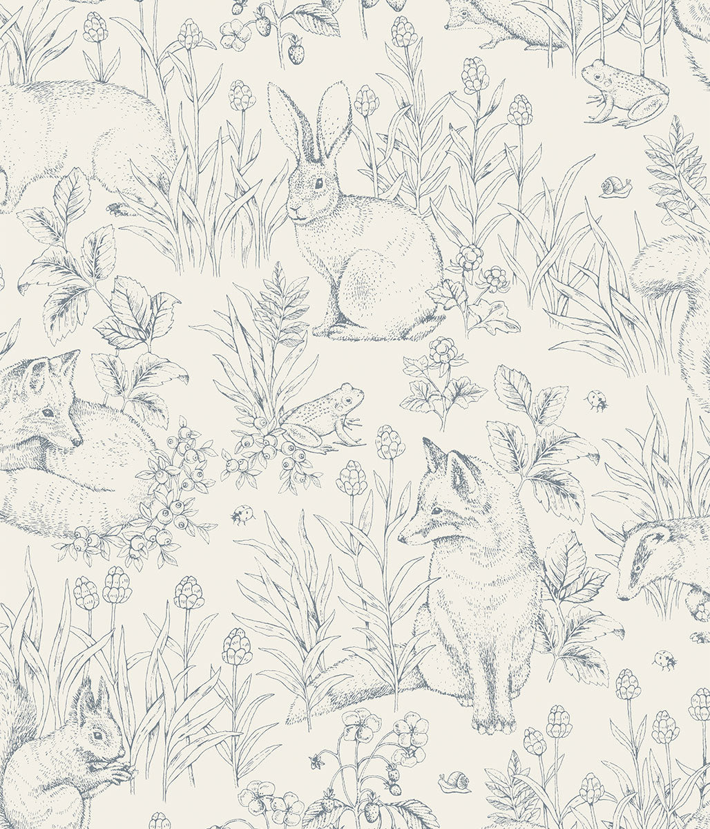 Forest Friends blue on white wallpaper